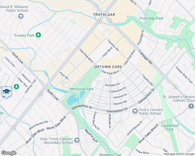 map of restaurants, bars, coffee shops, grocery stores, and more near in Oakville