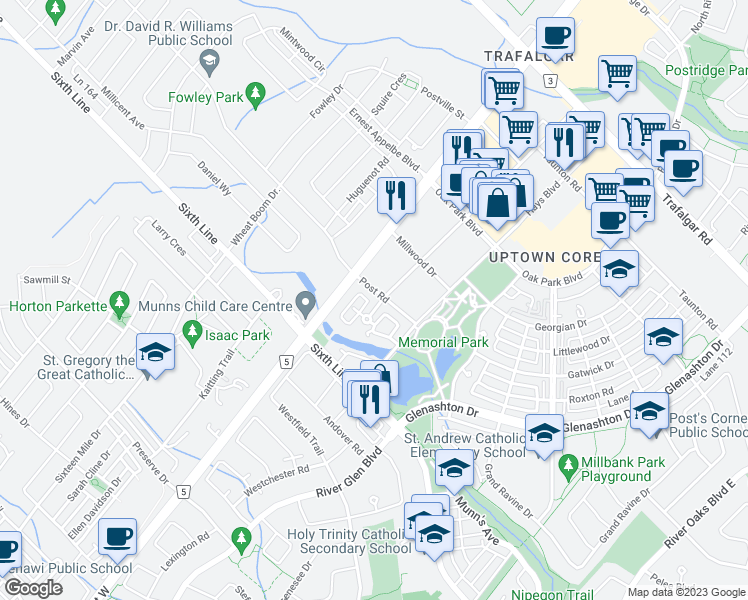map of restaurants, bars, coffee shops, grocery stores, and more near in Oakville