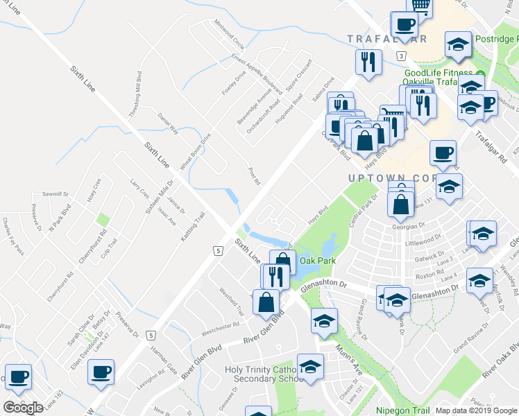 map of restaurants, bars, coffee shops, grocery stores, and more near 41 Dundas Street East in Oakville