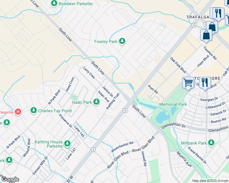 map of restaurants, bars, coffee shops, grocery stores, and more near 3048 Sixth Line in Oakville