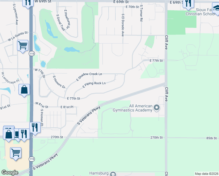 map of restaurants, bars, coffee shops, grocery stores, and more near 1001 East 77th Street in Sioux Falls