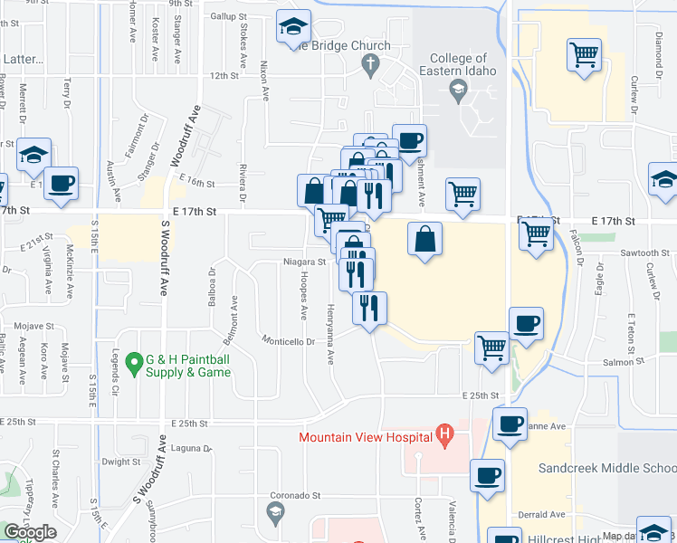 map of restaurants, bars, coffee shops, grocery stores, and more near 1927 Henryanna Avenue in Idaho Falls