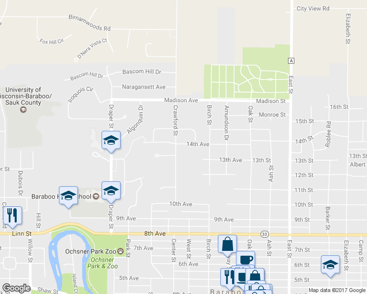 map of restaurants, bars, coffee shops, grocery stores, and more near 425 14th Avenue in Baraboo