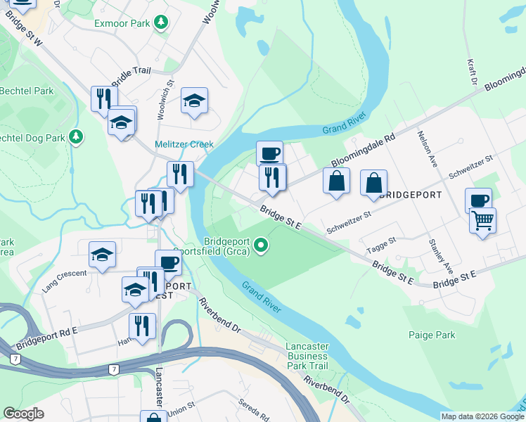 map of restaurants, bars, coffee shops, grocery stores, and more near 42 Waterloo Regional Road 52 in Kitchener