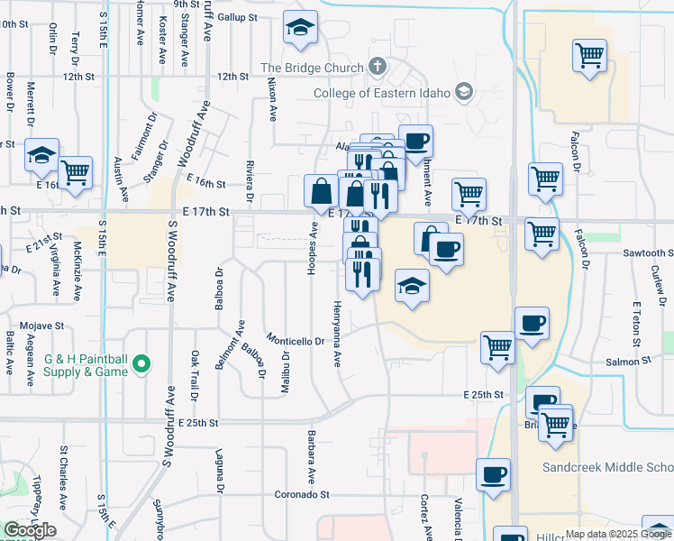 map of restaurants, bars, coffee shops, grocery stores, and more near 1923 Henryanna Avenue in Idaho Falls