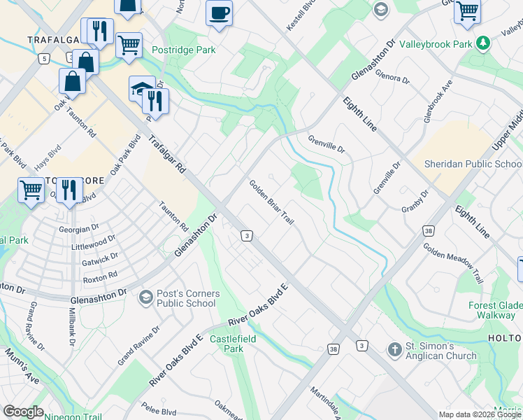 map of restaurants, bars, coffee shops, grocery stores, and more near 252 Hickory Circle in Oakville