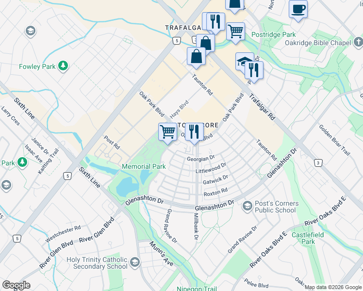 map of restaurants, bars, coffee shops, grocery stores, and more near 2391 Central Park Drive in Oakville