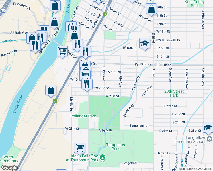 map of restaurants, bars, coffee shops, grocery stores, and more near 1967 Curtis Avenue in Idaho Falls
