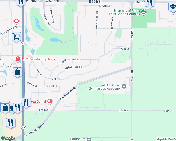 map of restaurants, bars, coffee shops, grocery stores, and more near 1001 East 77th Street in Sioux Falls