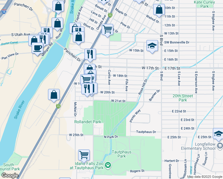 map of restaurants, bars, coffee shops, grocery stores, and more near 1967 Curtis Avenue in Idaho Falls