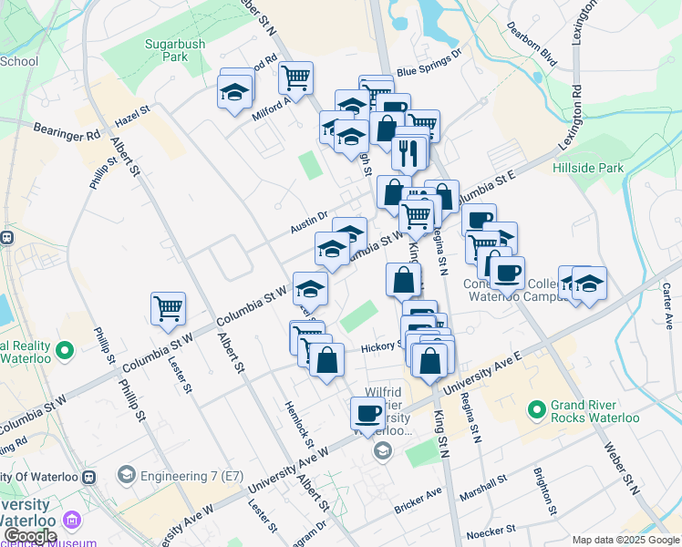 map of restaurants, bars, coffee shops, grocery stores, and more near 33 Columbia Street West in Waterloo