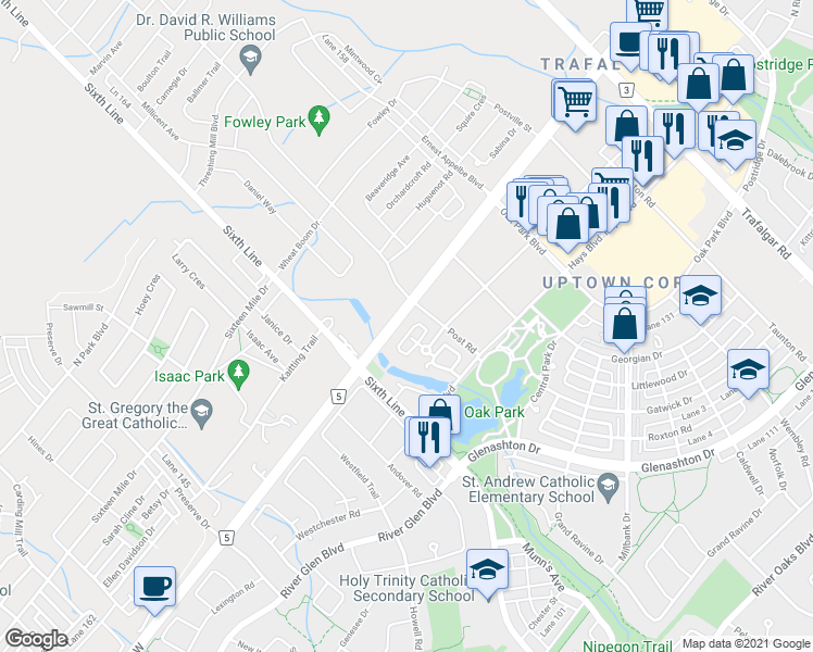 map of restaurants, bars, coffee shops, grocery stores, and more near 2500 Post Road in Oakville