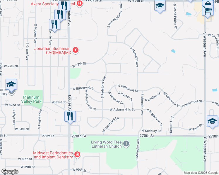 map of restaurants, bars, coffee shops, grocery stores, and more near 7208 South Redstone Avenue in Sioux Falls