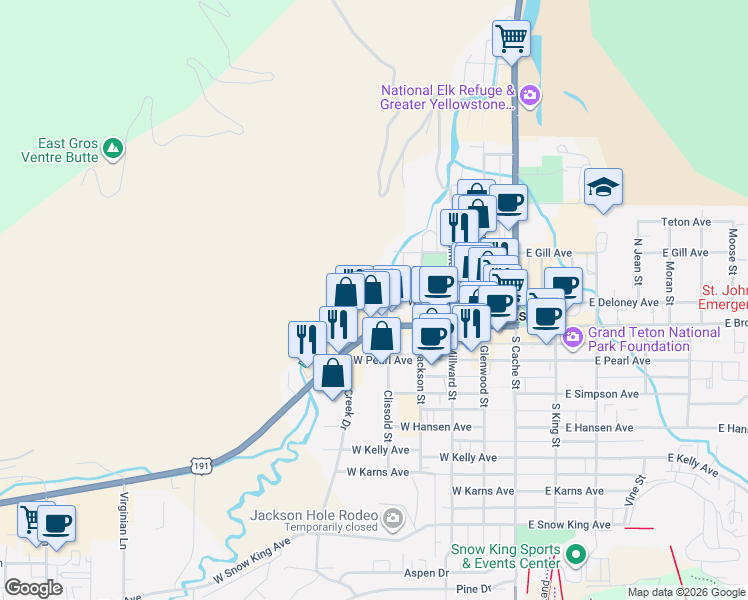 map of restaurants, bars, coffee shops, grocery stores, and more near 399 West Broadway in Jackson