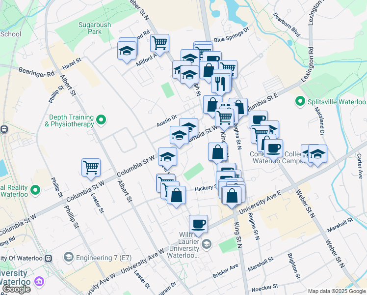map of restaurants, bars, coffee shops, grocery stores, and more near 41 Columbia Street West in Waterloo