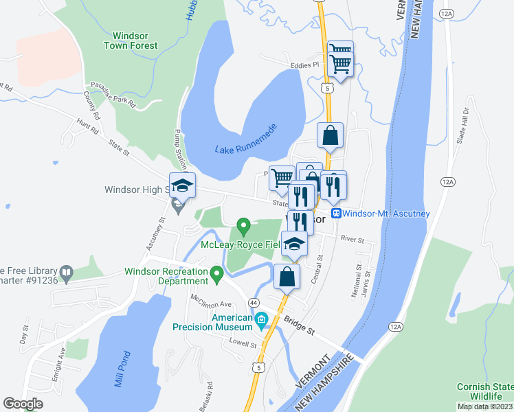 map of restaurants, bars, coffee shops, grocery stores, and more near 59 State Street in Windsor
