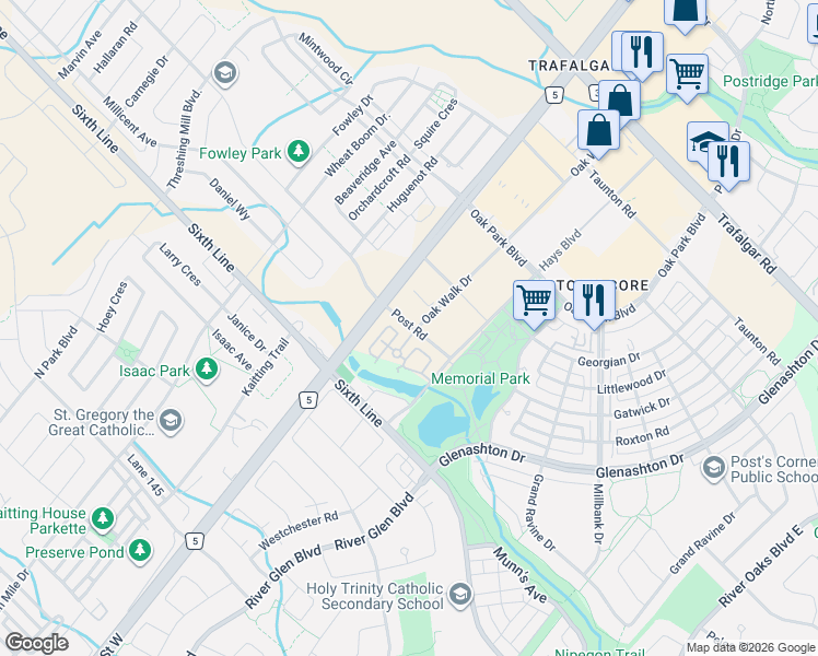 map of restaurants, bars, coffee shops, grocery stores, and more near 2468 Post Road in Oakville