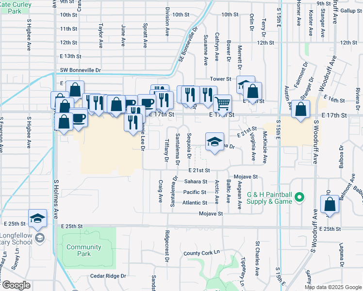 map of restaurants, bars, coffee shops, grocery stores, and more near 1920 Sequoia Drive in Idaho Falls