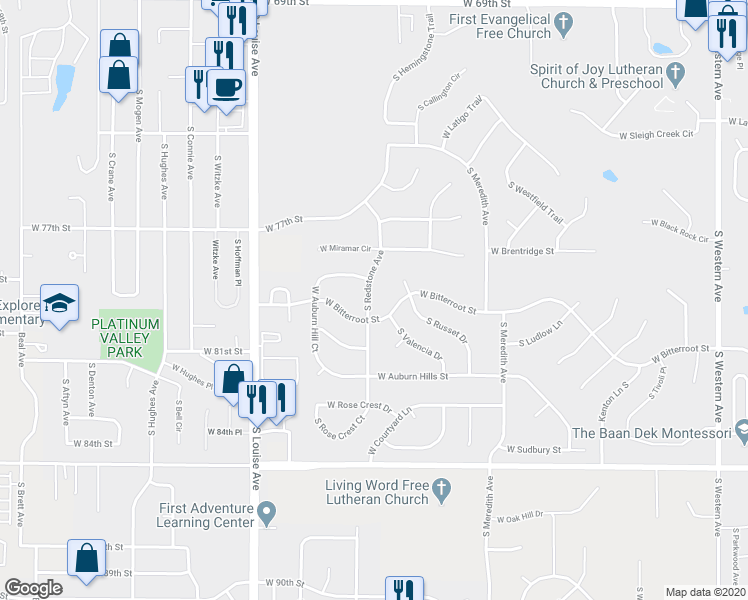 map of restaurants, bars, coffee shops, grocery stores, and more near 7208 South Redstone Avenue in Sioux Falls