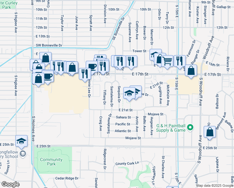 map of restaurants, bars, coffee shops, grocery stores, and more near 1920 Sequoia Drive in Idaho Falls