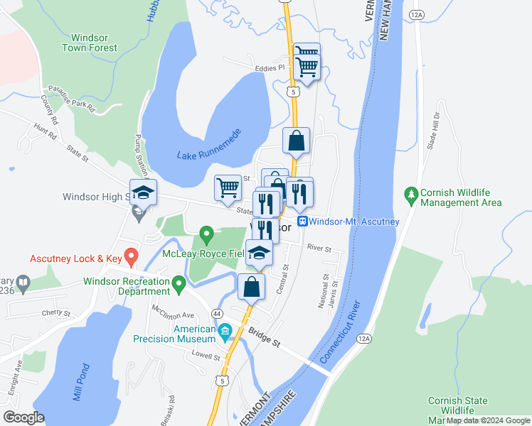 map of restaurants, bars, coffee shops, grocery stores, and more near 24 State Street in Windsor