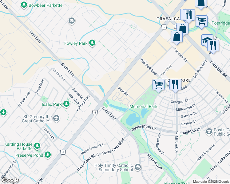 map of restaurants, bars, coffee shops, grocery stores, and more near 2472 Post Road in Oakville