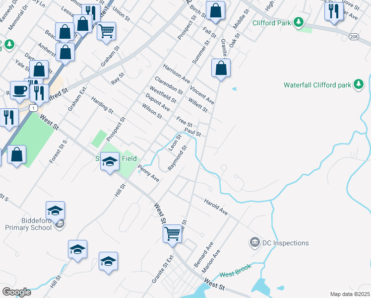map of restaurants, bars, coffee shops, grocery stores, and more near 13 Raymond Street in Biddeford