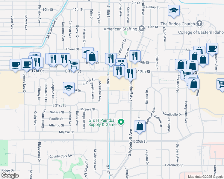 map of restaurants, bars, coffee shops, grocery stores, and more near 1531 Big Sky Way in Idaho Falls