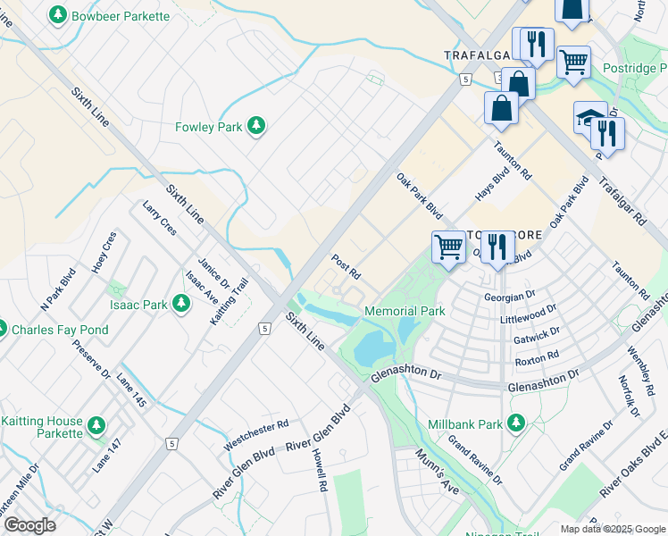 map of restaurants, bars, coffee shops, grocery stores, and more near 2484 Post Road in Oakville
