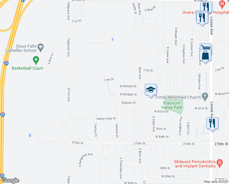 map of restaurants, bars, coffee shops, grocery stores, and more near 7119 Hanson Avenue in Sioux Falls