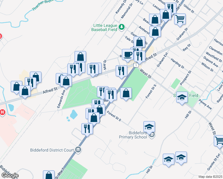 map of restaurants, bars, coffee shops, grocery stores, and more near 432 Elm Street in Biddeford