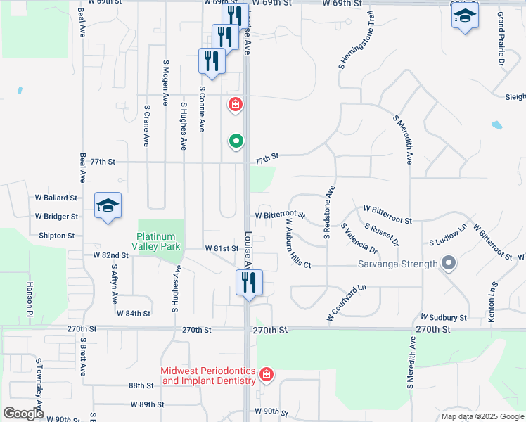 map of restaurants, bars, coffee shops, grocery stores, and more near 7211 West Bitterroot Court in Sioux Falls