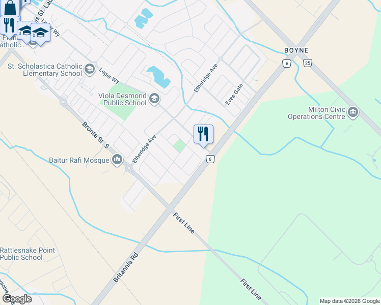 map of restaurants, bars, coffee shops, grocery stores, and more near 1669 Sorensen Court in Milton