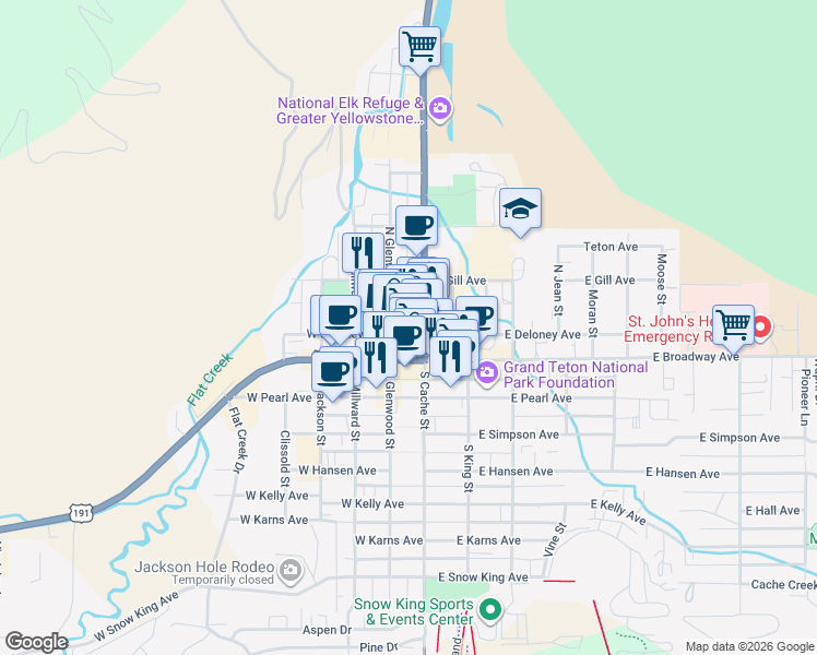 map of restaurants, bars, coffee shops, grocery stores, and more near 125 Wyoming 22 in Jackson
