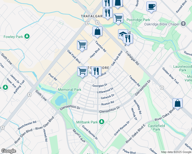 map of restaurants, bars, coffee shops, grocery stores, and more near in Oakville