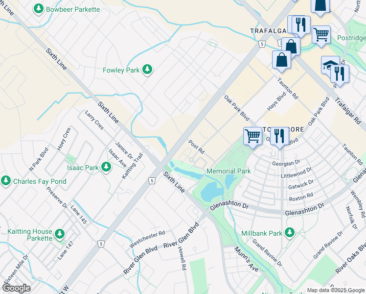 map of restaurants, bars, coffee shops, grocery stores, and more near 41 Dundas Street East in Oakville