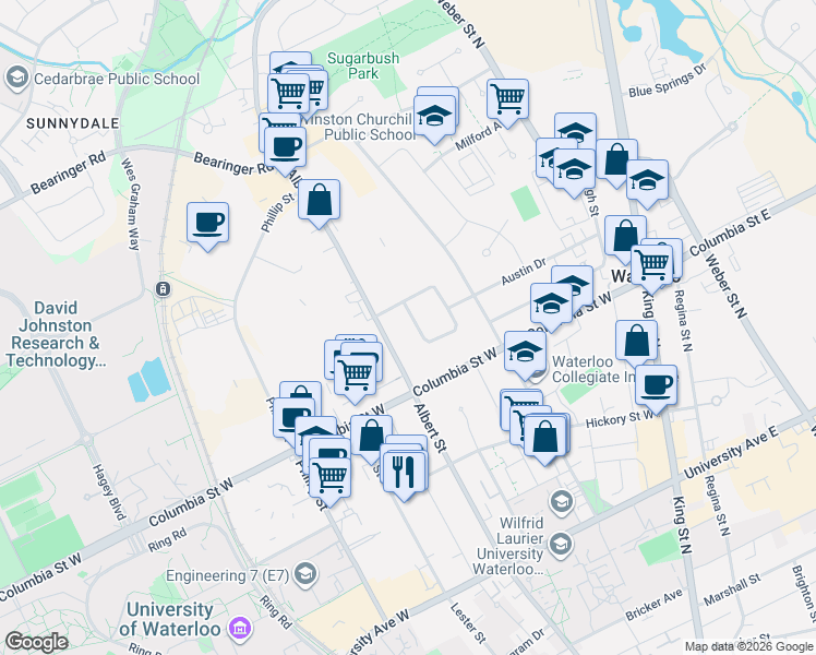 map of restaurants, bars, coffee shops, grocery stores, and more near in Waterloo