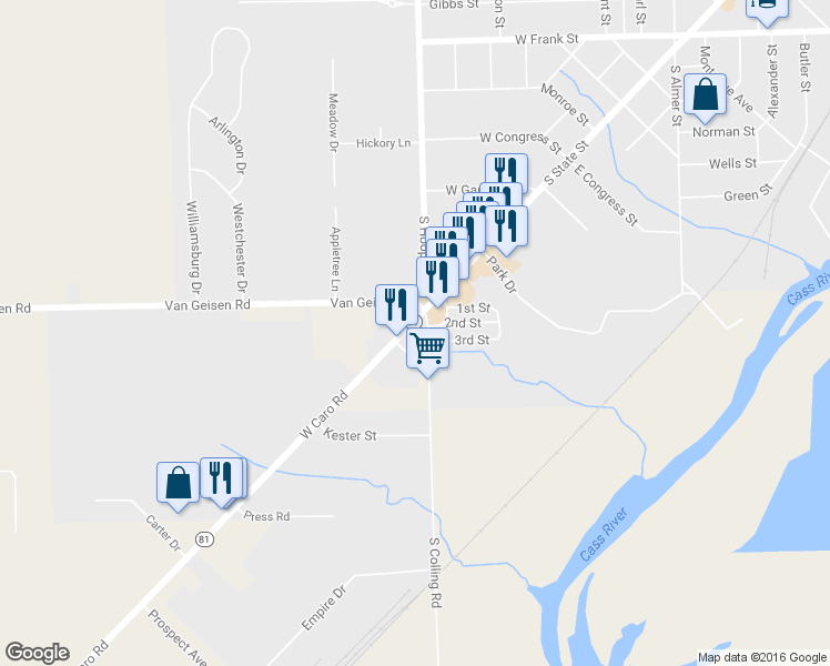 map of restaurants, bars, coffee shops, grocery stores, and more near 1099 West Caro Road in Caro