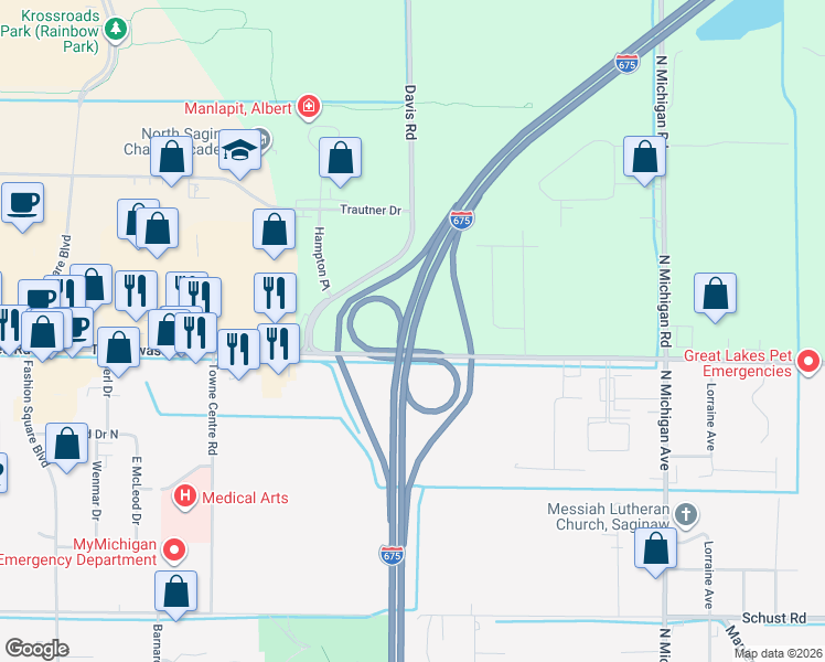 map of restaurants, bars, coffee shops, grocery stores, and more near Interstate 675 in Saginaw