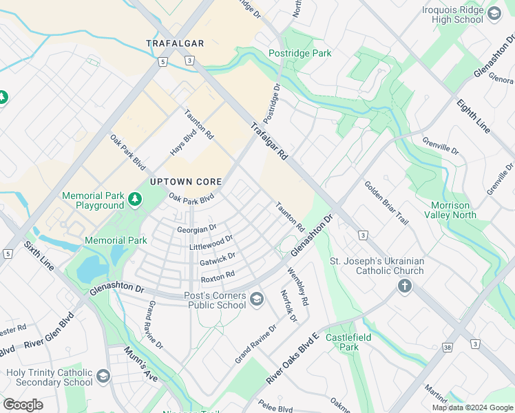 map of restaurants, bars, coffee shops, grocery stores, and more near 255 Lane 127 in Oakville
