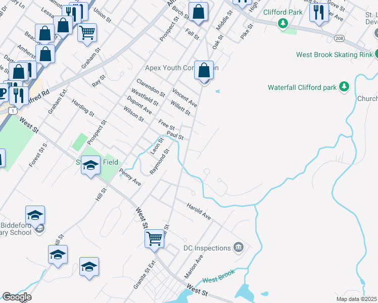 map of restaurants, bars, coffee shops, grocery stores, and more near 107 Granite Street in Biddeford