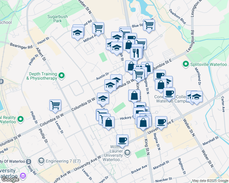 map of restaurants, bars, coffee shops, grocery stores, and more near 35 Columbia Street West in Waterloo