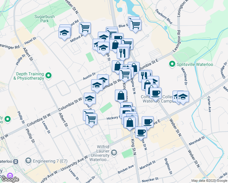 map of restaurants, bars, coffee shops, grocery stores, and more near 341 Spruce Street in Waterloo