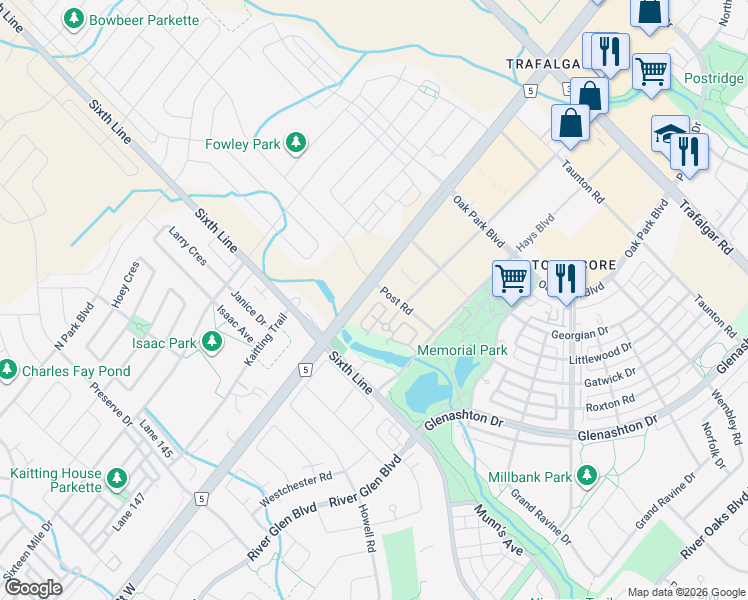 map of restaurants, bars, coffee shops, grocery stores, and more near 2500 Post Road in Oakville