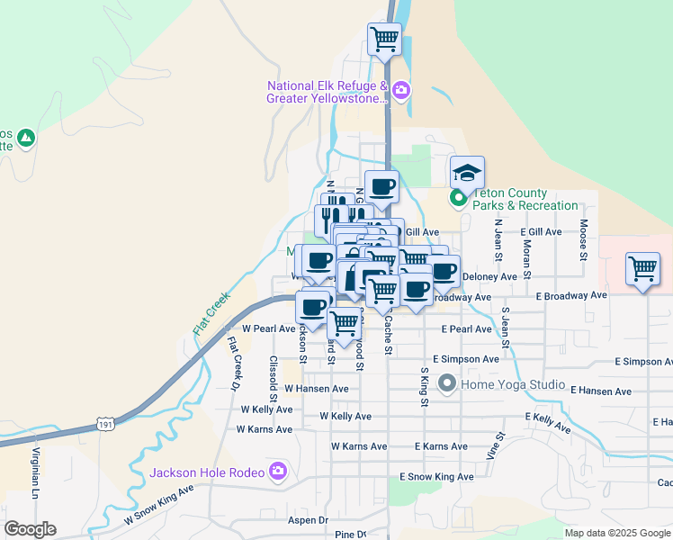map of restaurants, bars, coffee shops, grocery stores, and more near 145 West Deloney Avenue in Jackson