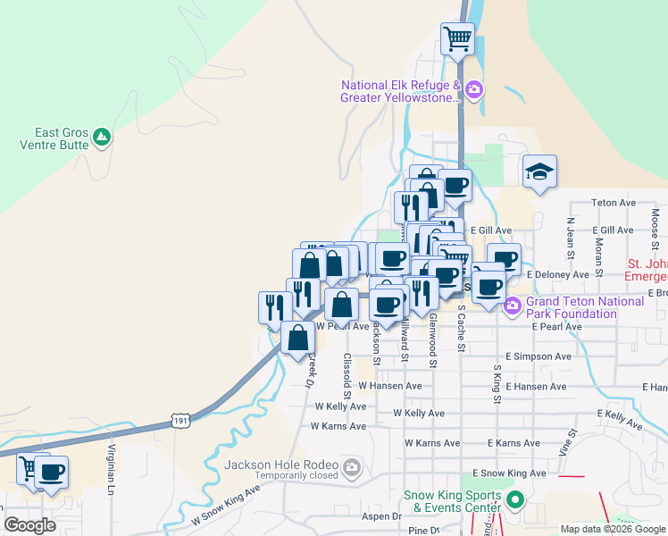 map of restaurants, bars, coffee shops, grocery stores, and more near 399 West Broadway in Jackson