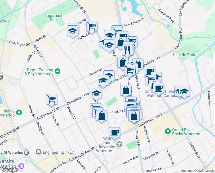 map of restaurants, bars, coffee shops, grocery stores, and more near 33 Columbia Street West in Waterloo