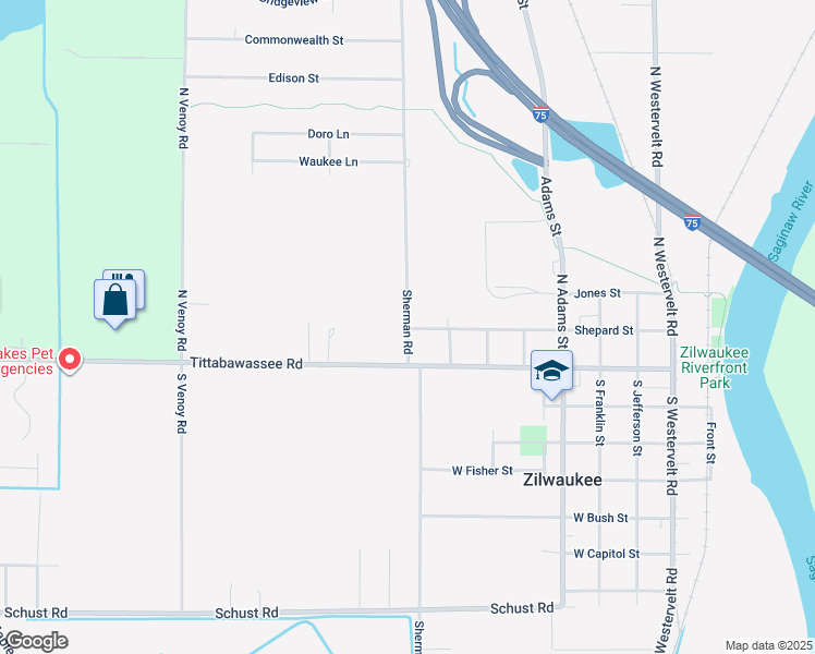 map of restaurants, bars, coffee shops, grocery stores, and more near 5101 Sherman Road in Saginaw