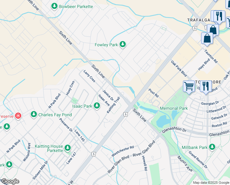 map of restaurants, bars, coffee shops, grocery stores, and more near 3058 Sixth Line in Oakville