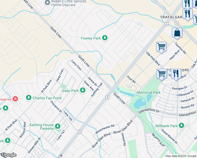 map of restaurants, bars, coffee shops, grocery stores, and more near 3058 Sixth Line in Oakville